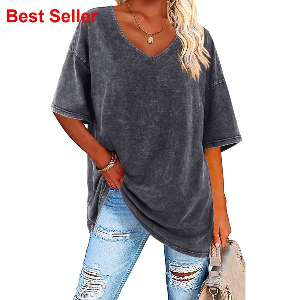 Oversized Cotton V-Neck Tunic Top Loose Fit Boyfriend Tee Casual Summer